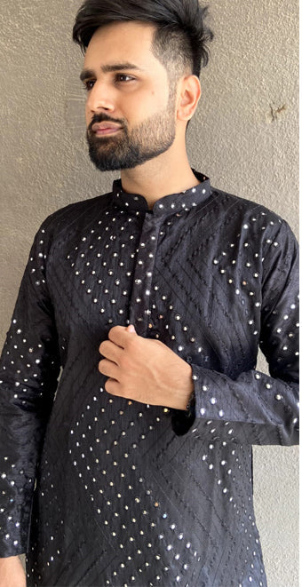 Elegant Black Banglori Silk Men's Kurta for Stylish Parties & Weddings