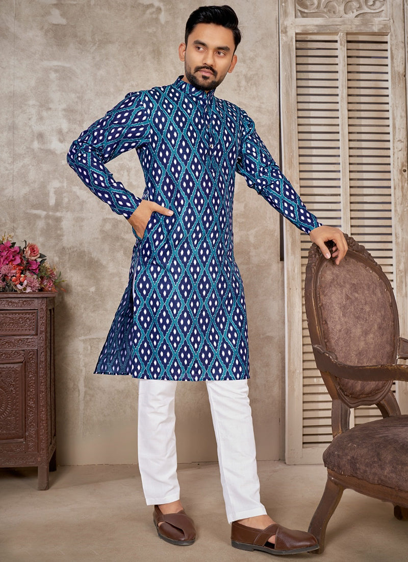 Elegant Blue Banarasi Silk Men's Kurta for Stylish Parties and Weddings