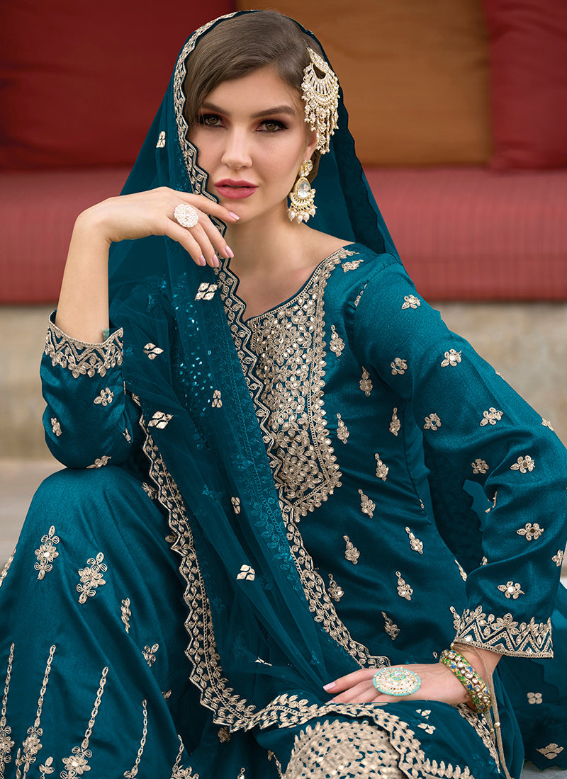legant Blue Soft Silk Salwar Suits for Weddings and Parties