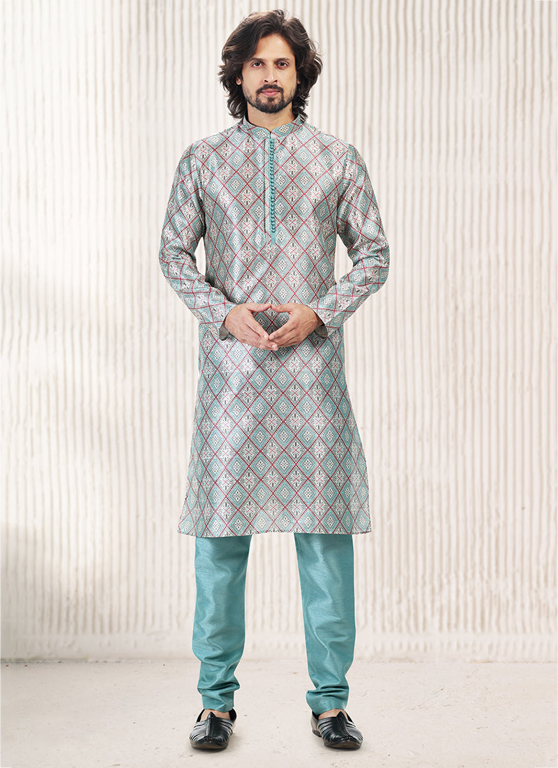 Elegant Firozi Banarasi Silk Men's Kurta for Stylish Parties and Weddings
