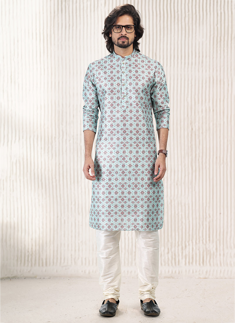 Elegant SkyBlue Banarasi Silk Men's Kurta for Parties and Weddings