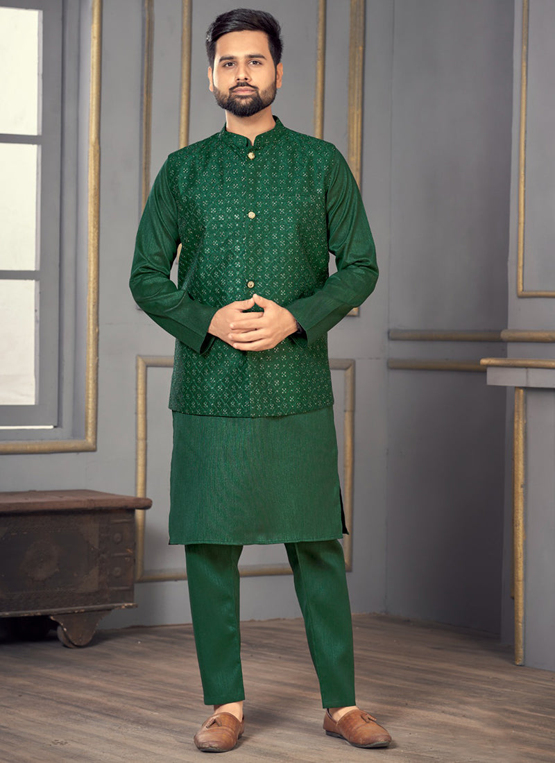 Elegant Green Banglori Silk Men's Kurta for Stylish Party & Wedding Wear