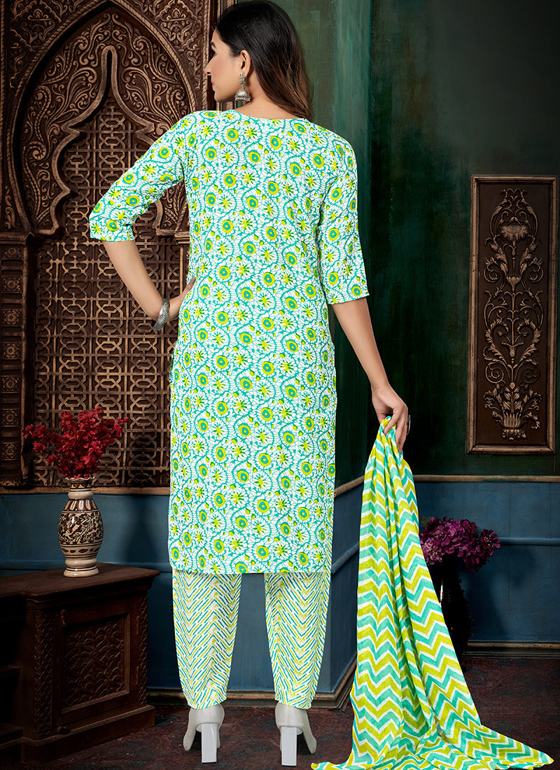 Elegant Green Salwar Suit with Printed Cotton Fabric for Weddings & Parties