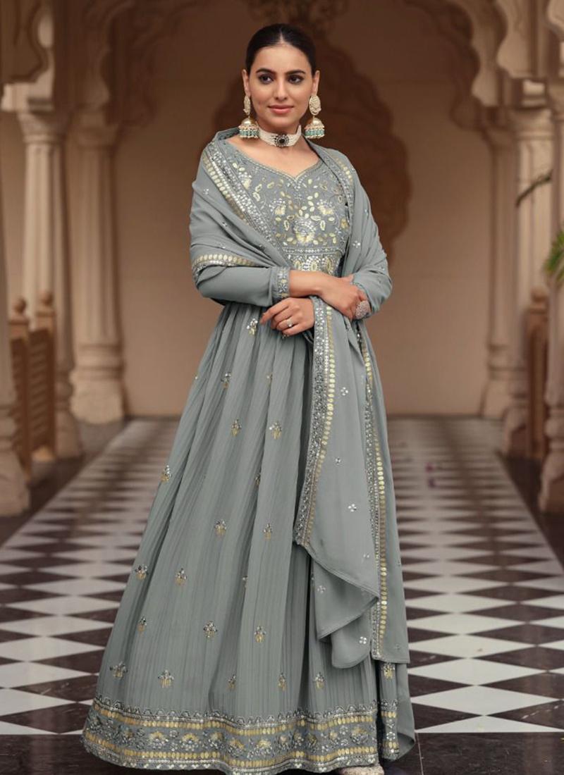 Elegant Grey Georgette Gown with Stunning Embroidery for Weddings & Parties