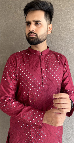 Elegant Maroon Banglori Silk Men's Kurta for Stylish Parties & Weddings