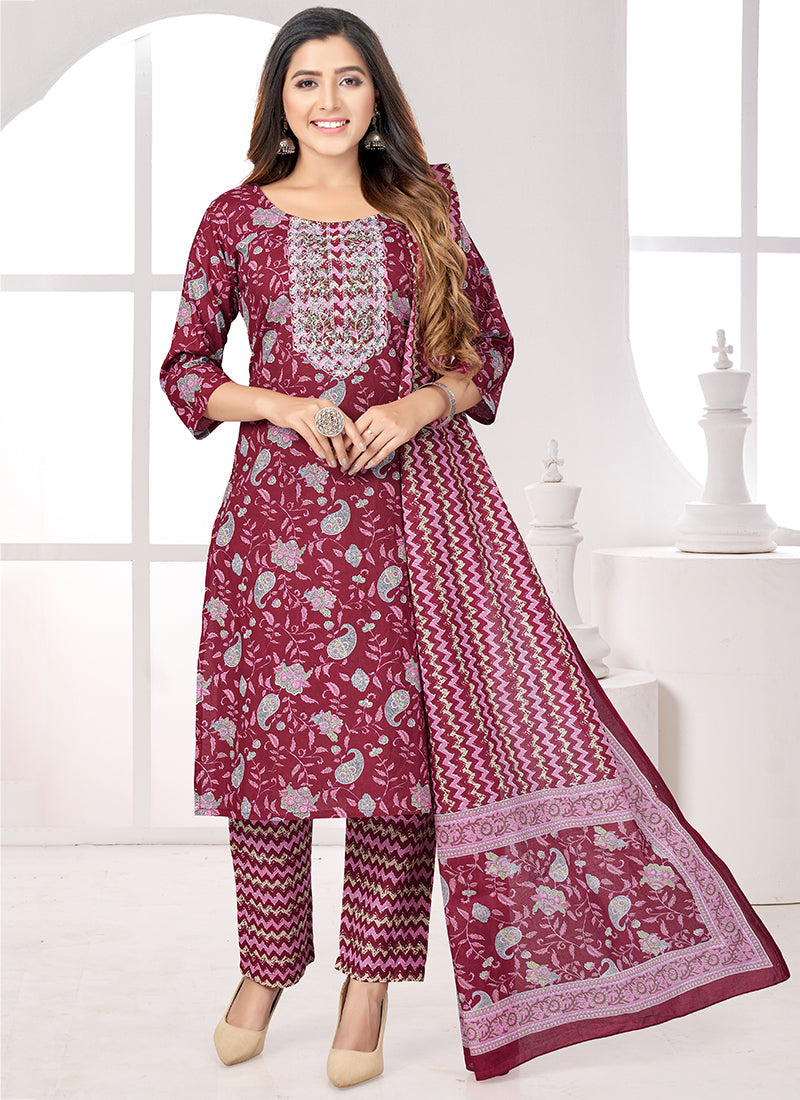 Elegant Maroon Salwar Suit with Printed Cotton - Perfect for Weddings & Parties