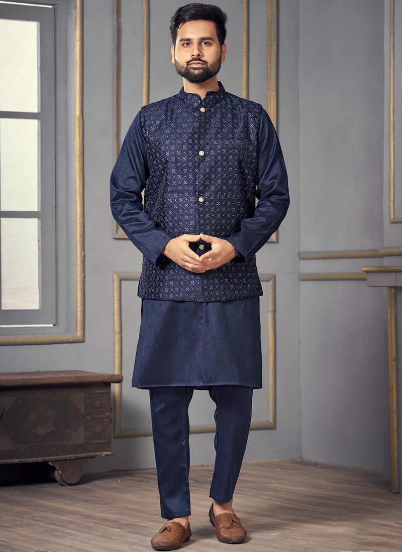 Navy Blue Banglori Silk Men's Kurta: Perfect for Parties and Weddings