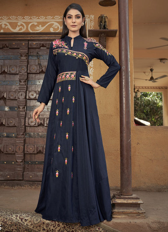Elegant Blue Gown with Exquisite Embroidery in Luxurious Muslin