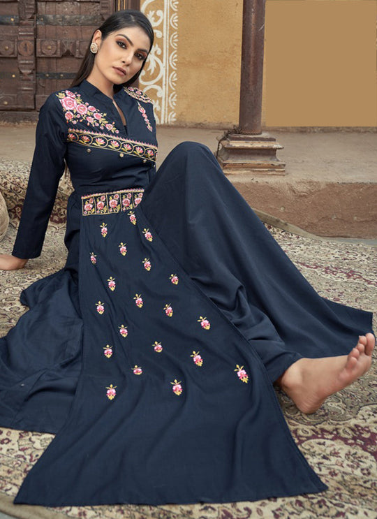 Elegant Blue Gown with Exquisite Embroidery in Luxurious Muslin