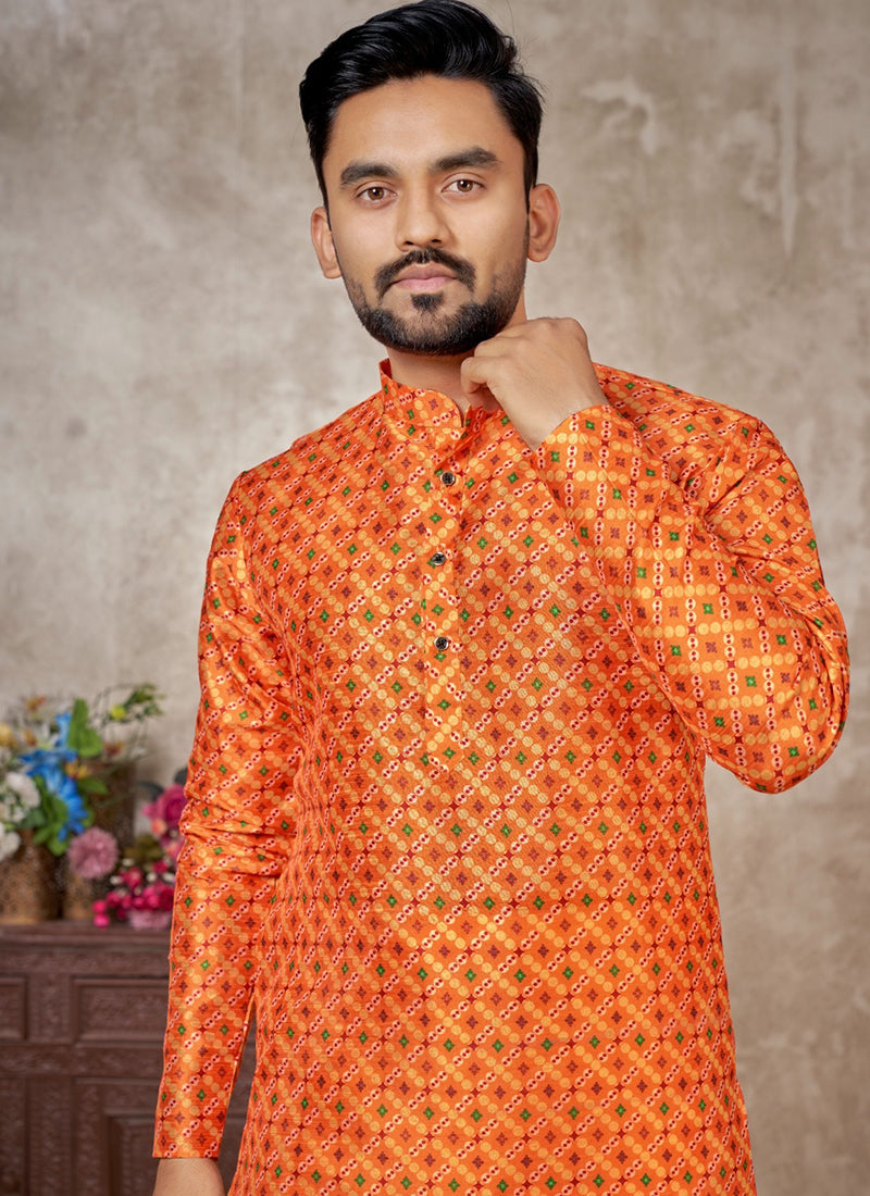 Elegant Orange Banarasi Silk Men's Kurta for Stylish Party & Wedding