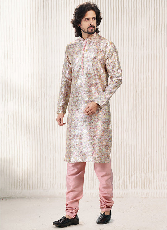 Peach Banarasi Silk Men's Kurta: Perfect for Party and Wedding Elegance