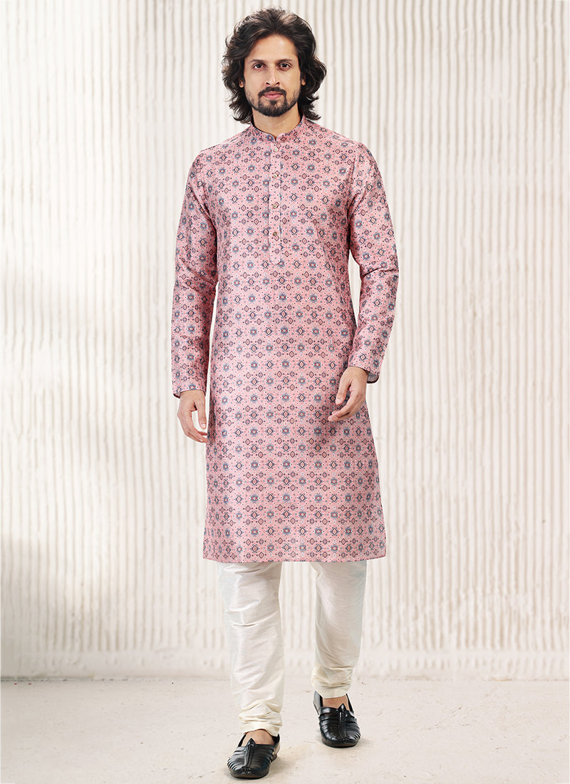 Elegant Pink Banarasi Silk Men's Kurta for Stylish Parties and Weddings