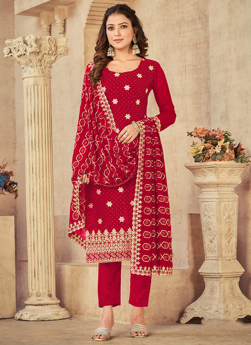 Elegant Red Embroidered Salwar Suit in Faux Georgette for Parties & Weddings