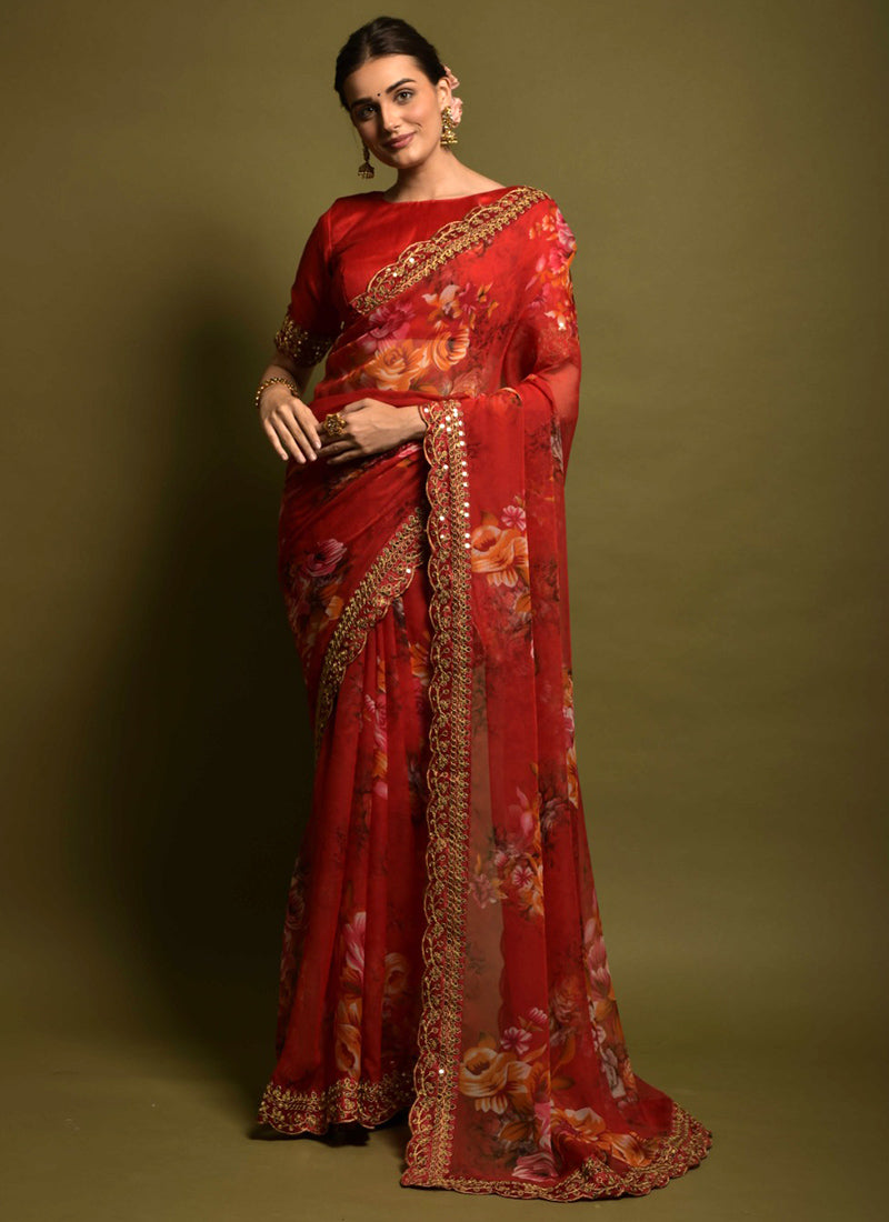 Elegant Crimson Bliss: Red Soft Silk Saree for Weddings and Parties