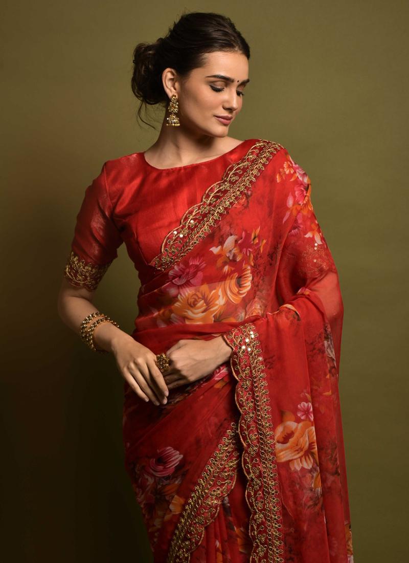 Elegant Crimson Bliss: Red Soft Silk Saree for Weddings and Parties