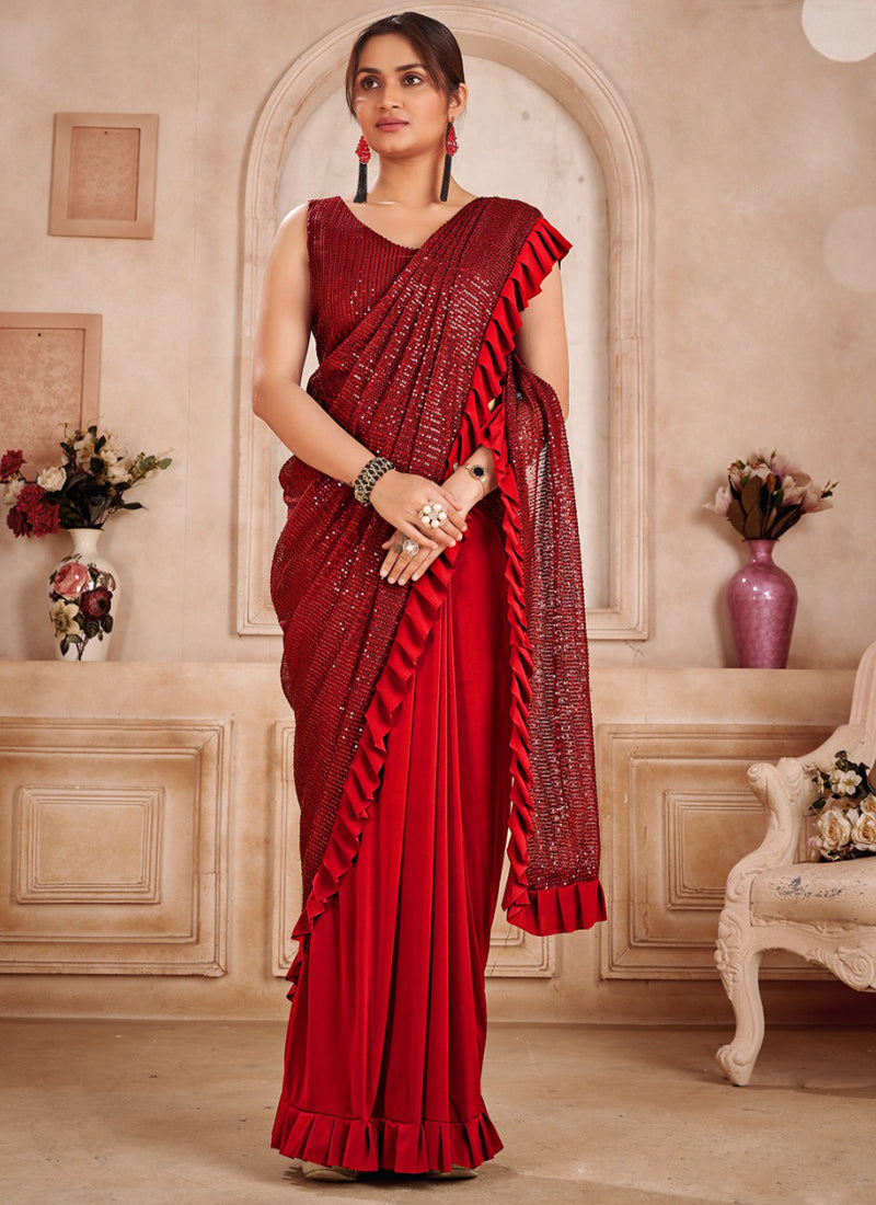 Elegant Crimson Charm: Red Soft Silk Saree for Weddings and Parties