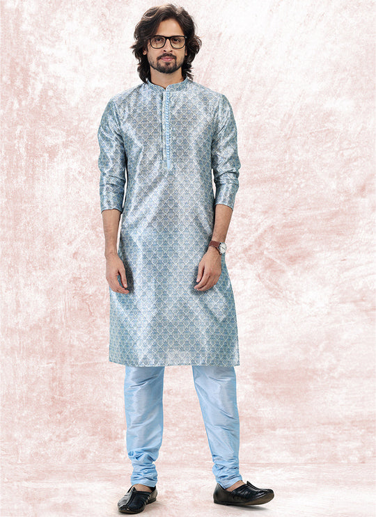 Elegant Skyblue Banarasi Silk Men's Kurta for Parties and Weddings