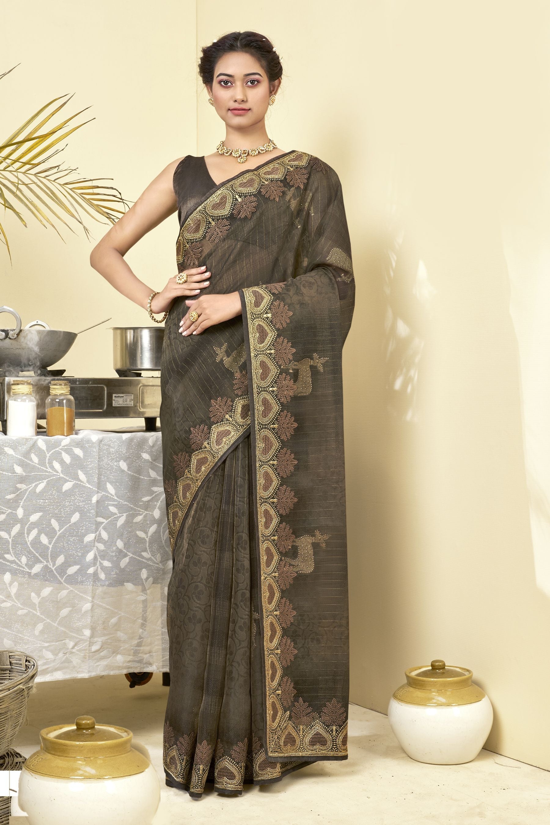 Mehendi-Colored Georgette Art Silk Saree: Perfect Party & Wedding Wear