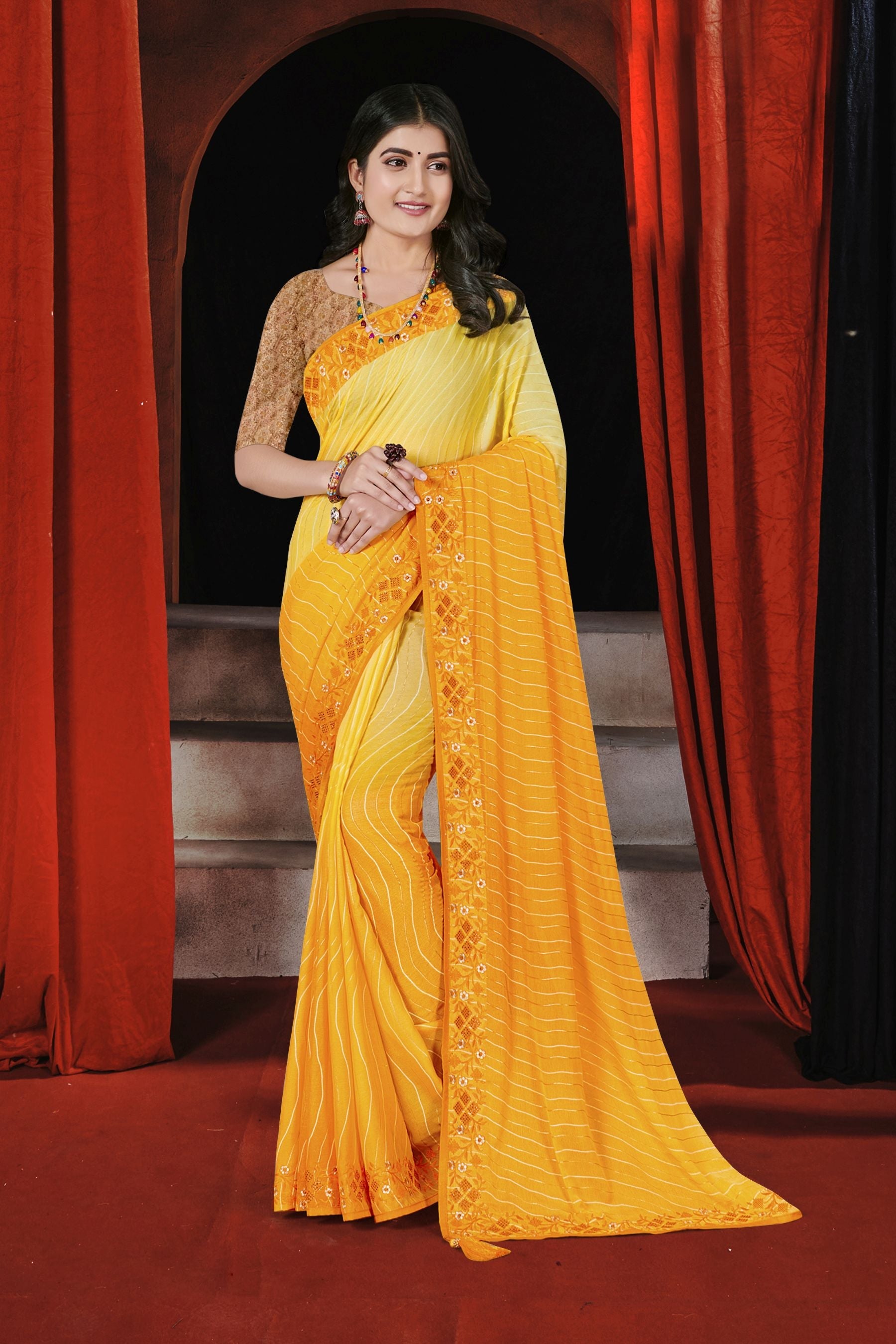Elegant Yellow Georgette & Soft Silk Saree: Perfect for Parties and Weddings