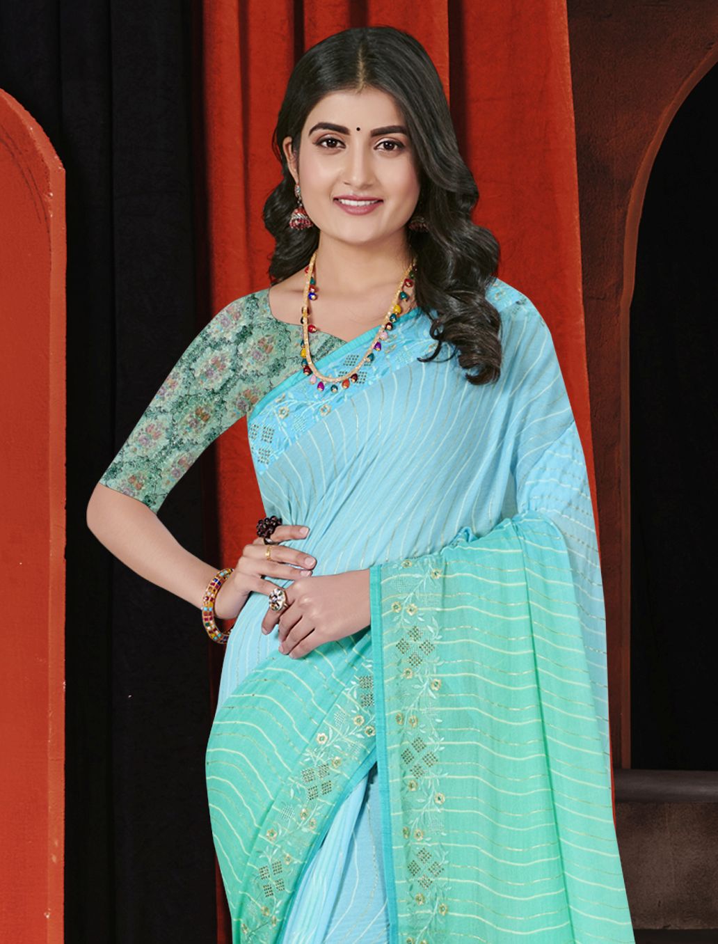 Turquoise Georgette Soft Silk Saree: Perfect for Party & Wedding Wear