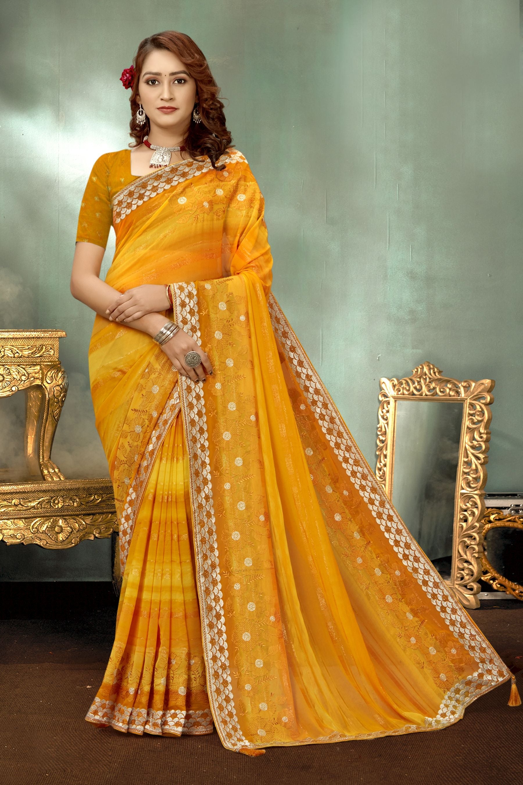 Elegant Yellow Georgette Saree: Perfect for Party & Wedding Wear