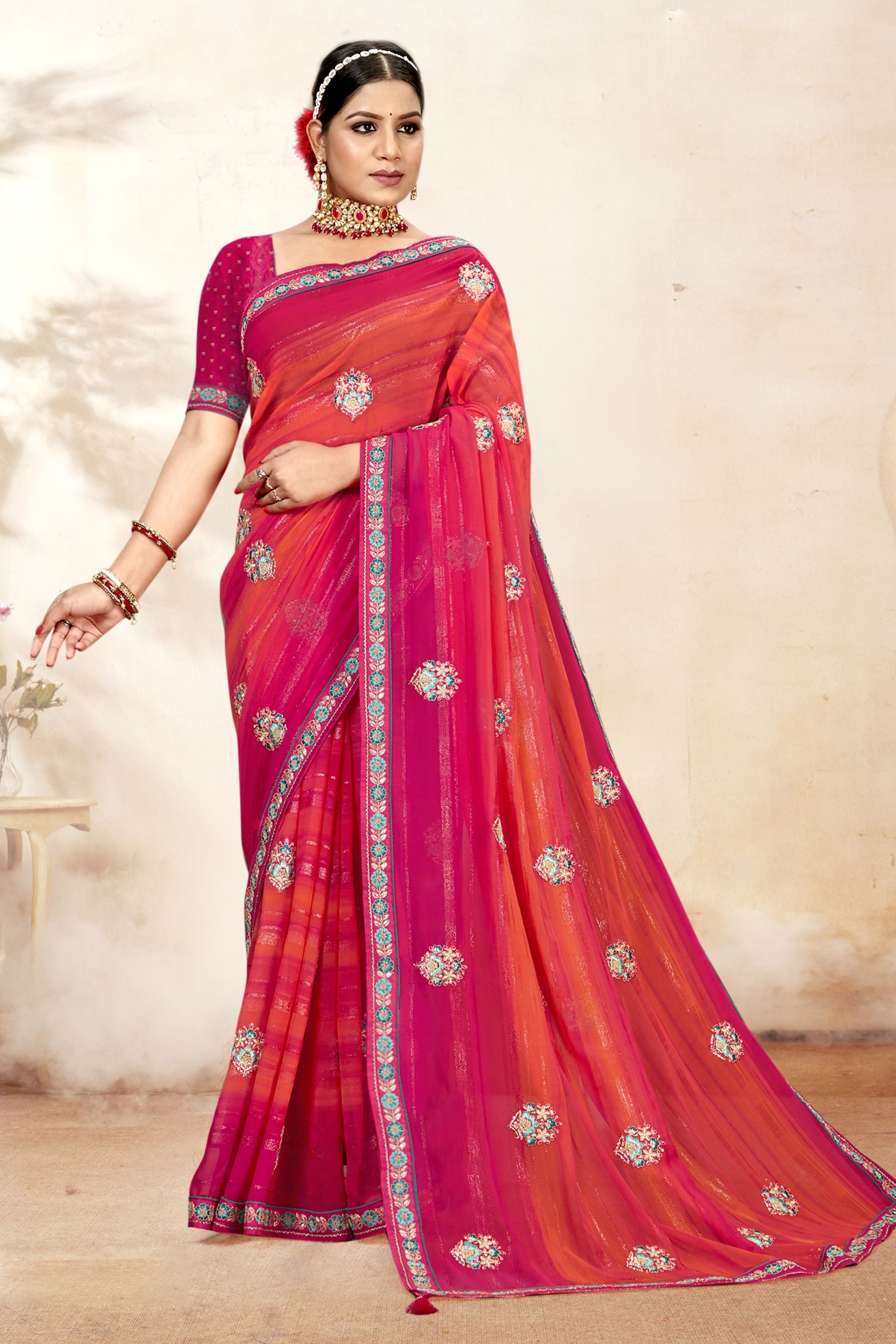 Elegant Rani Pink Georgette Brocade Saree for Party & Wedding Wear