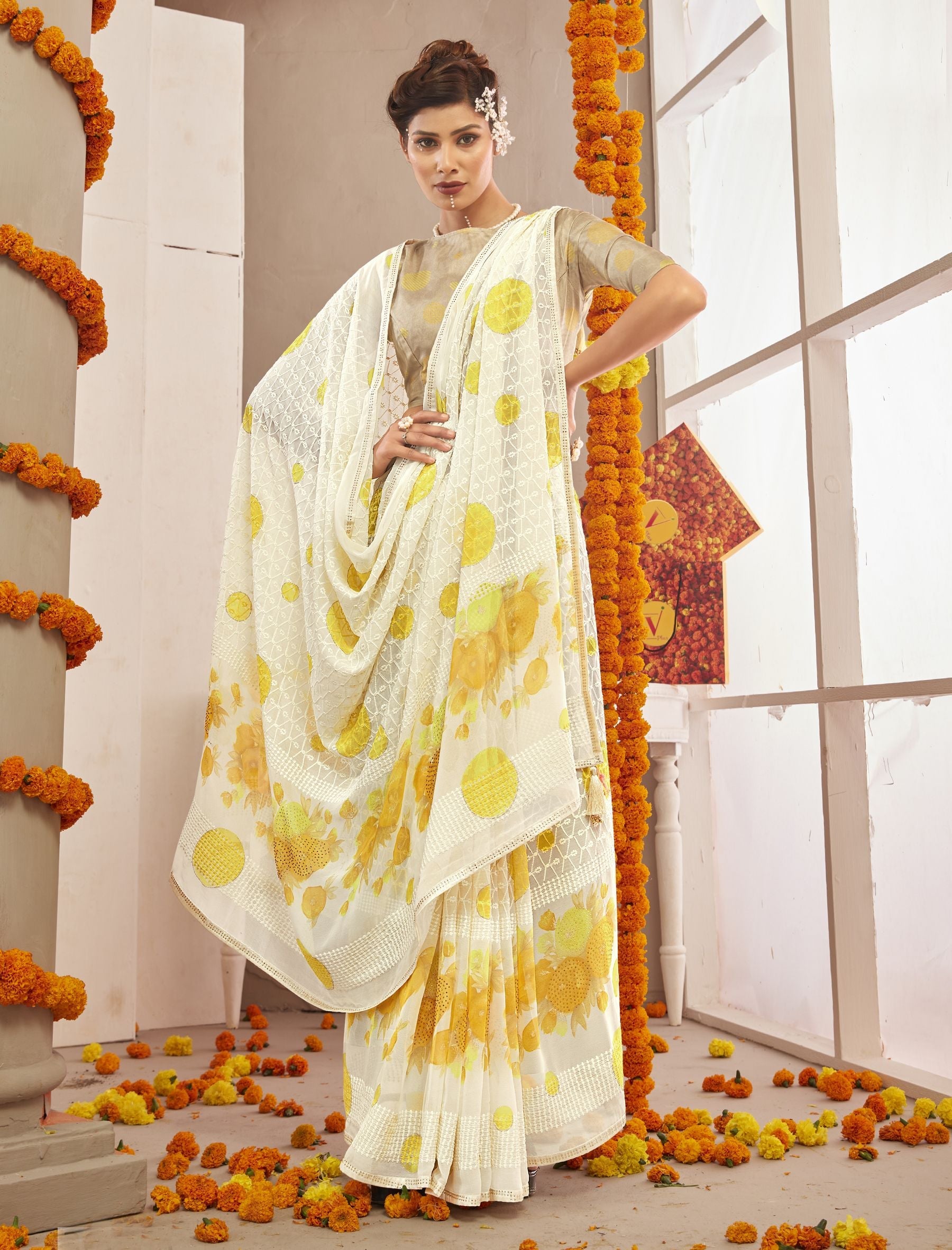 White & Yellow Georgette Saree: Perfect Party & Wedding Wear