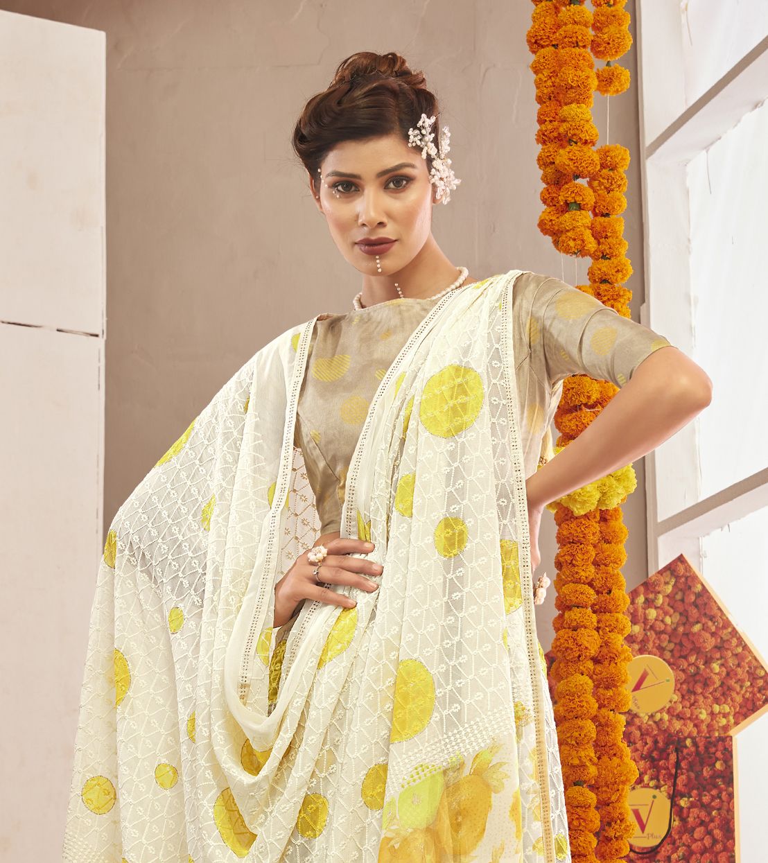 White & Yellow Georgette Saree: Perfect Party & Wedding Wear