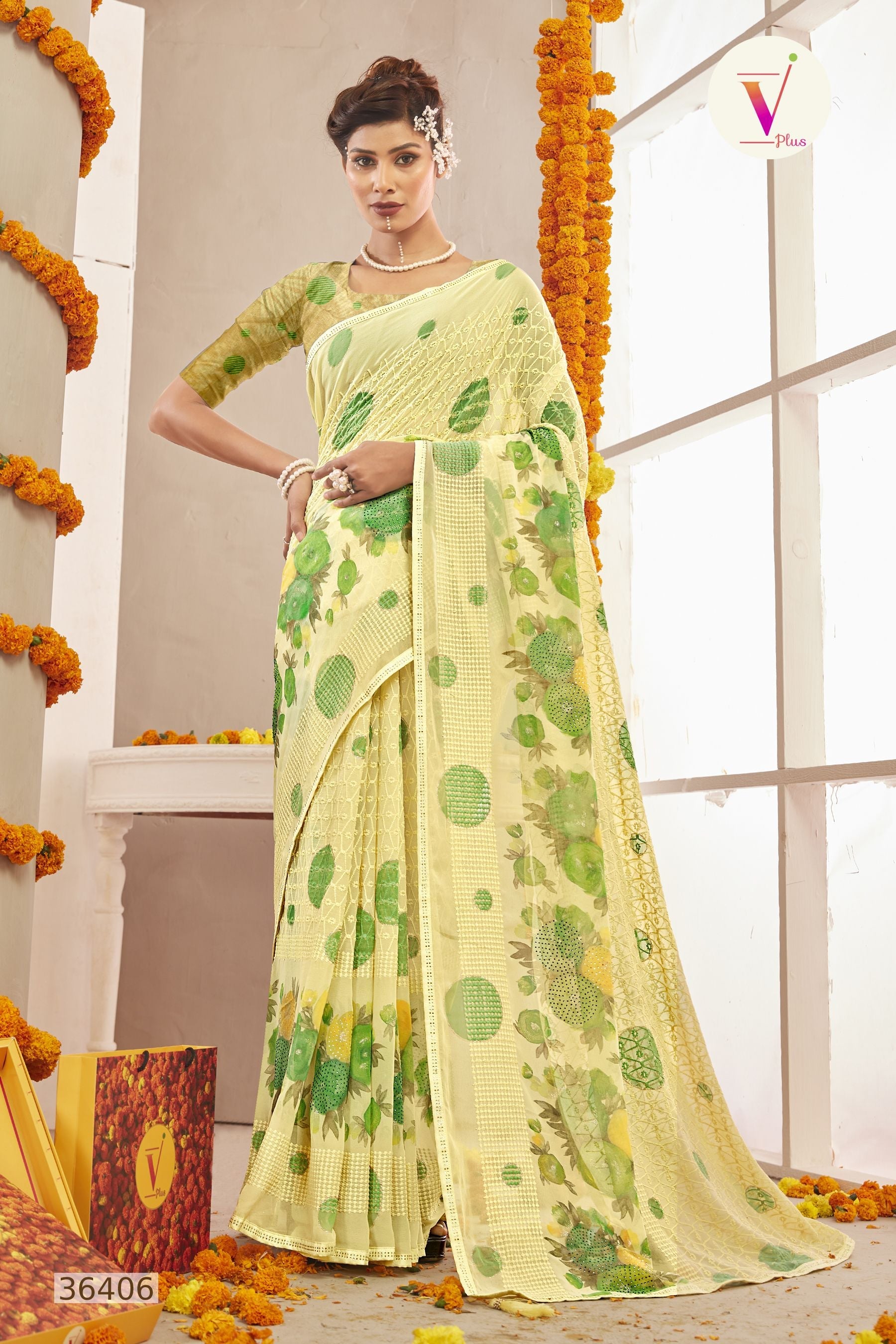Elegant Yellow and Green Georgette Saree for Party and Wedding Wear