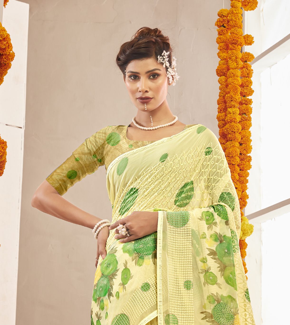 Elegant Yellow and Green Georgette Saree for Party and Wedding Wear