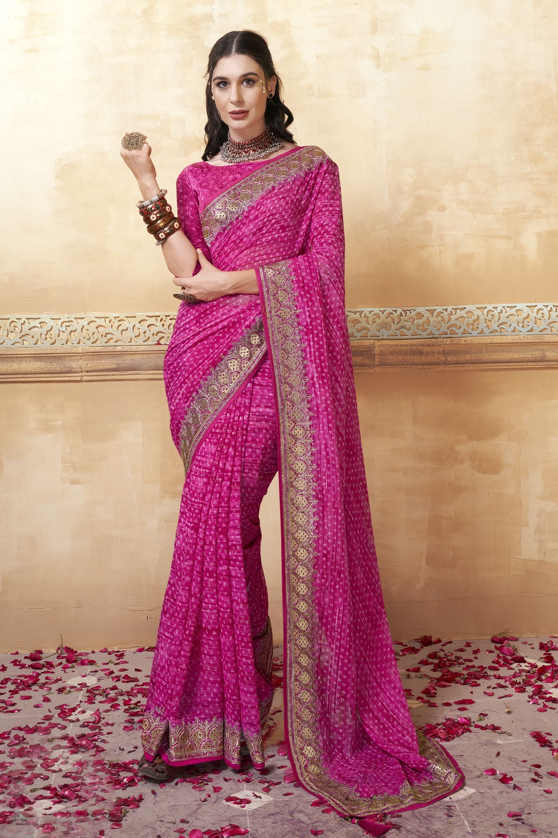 Elegant Rani Pink Georgette Soft Silk Saree for Party & Wedding Wear