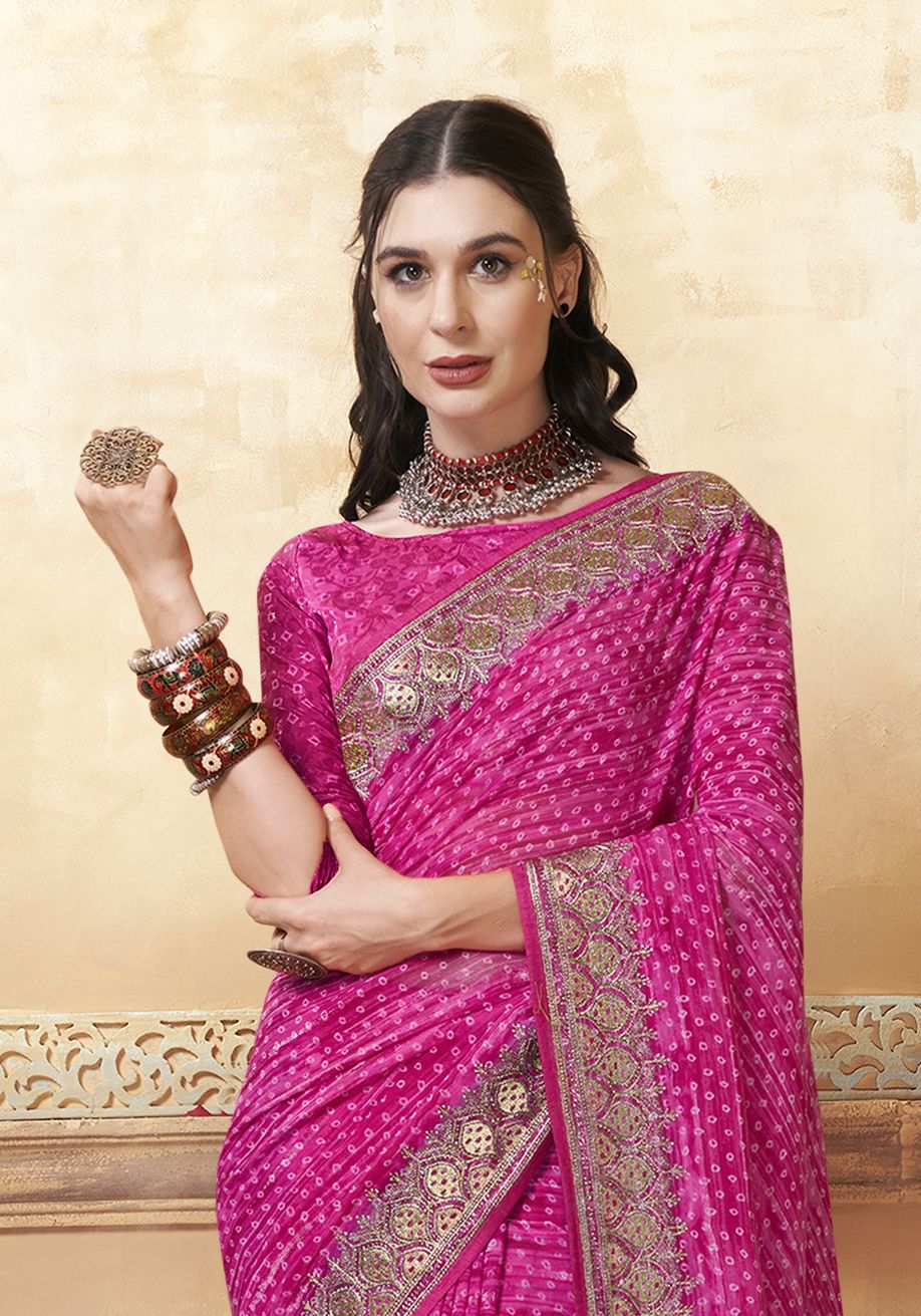 Elegant Rani Pink Georgette Soft Silk Saree for Party & Wedding Wear