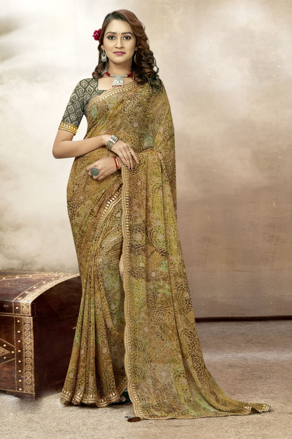 Elegant Yellowish Brown Georgette Soft Silk Saree for Party & Wedding Wear