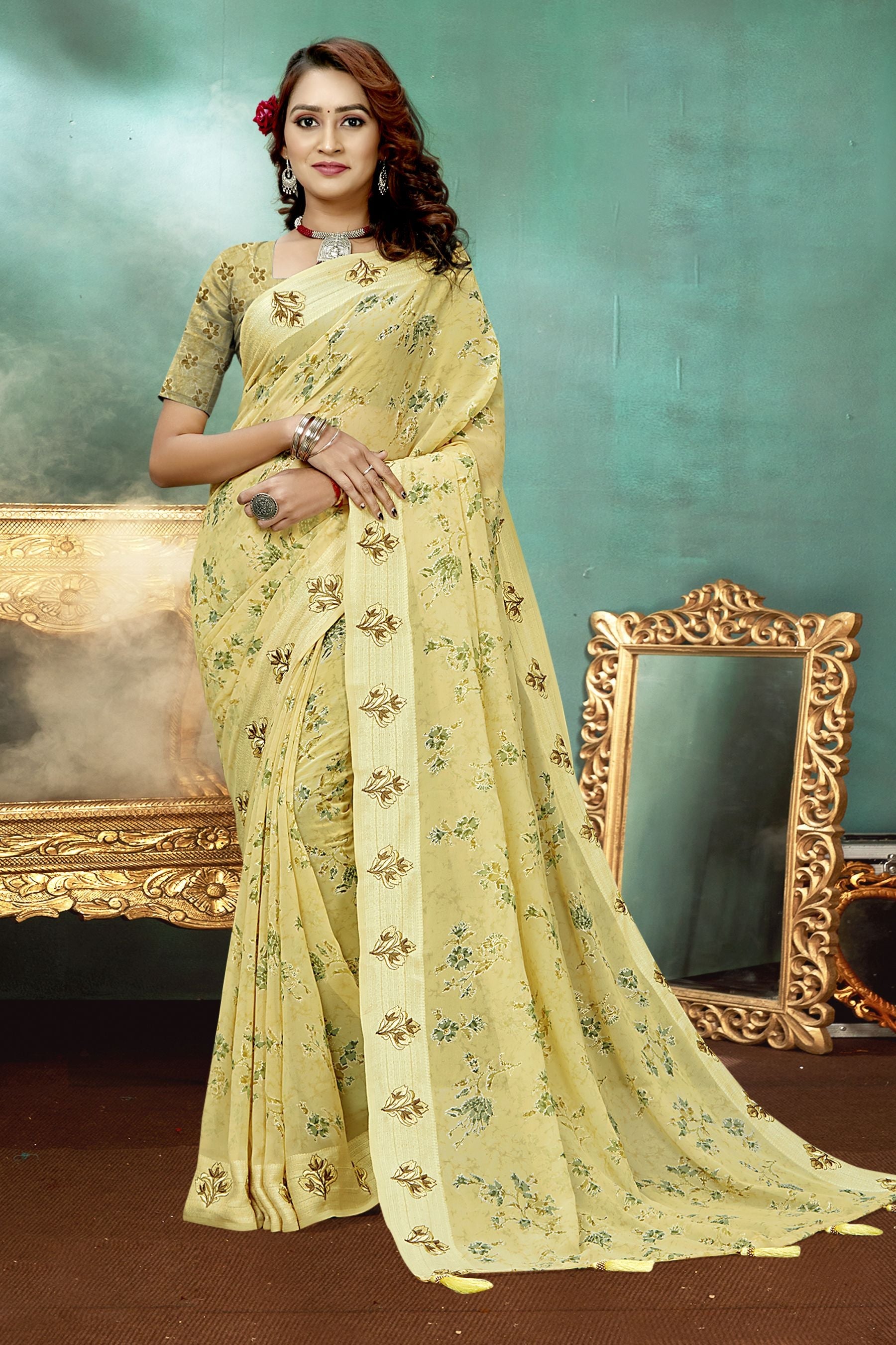 Elegant Yellow Georgette & Soft Silk Saree: Perfect for Parties & Weddings
