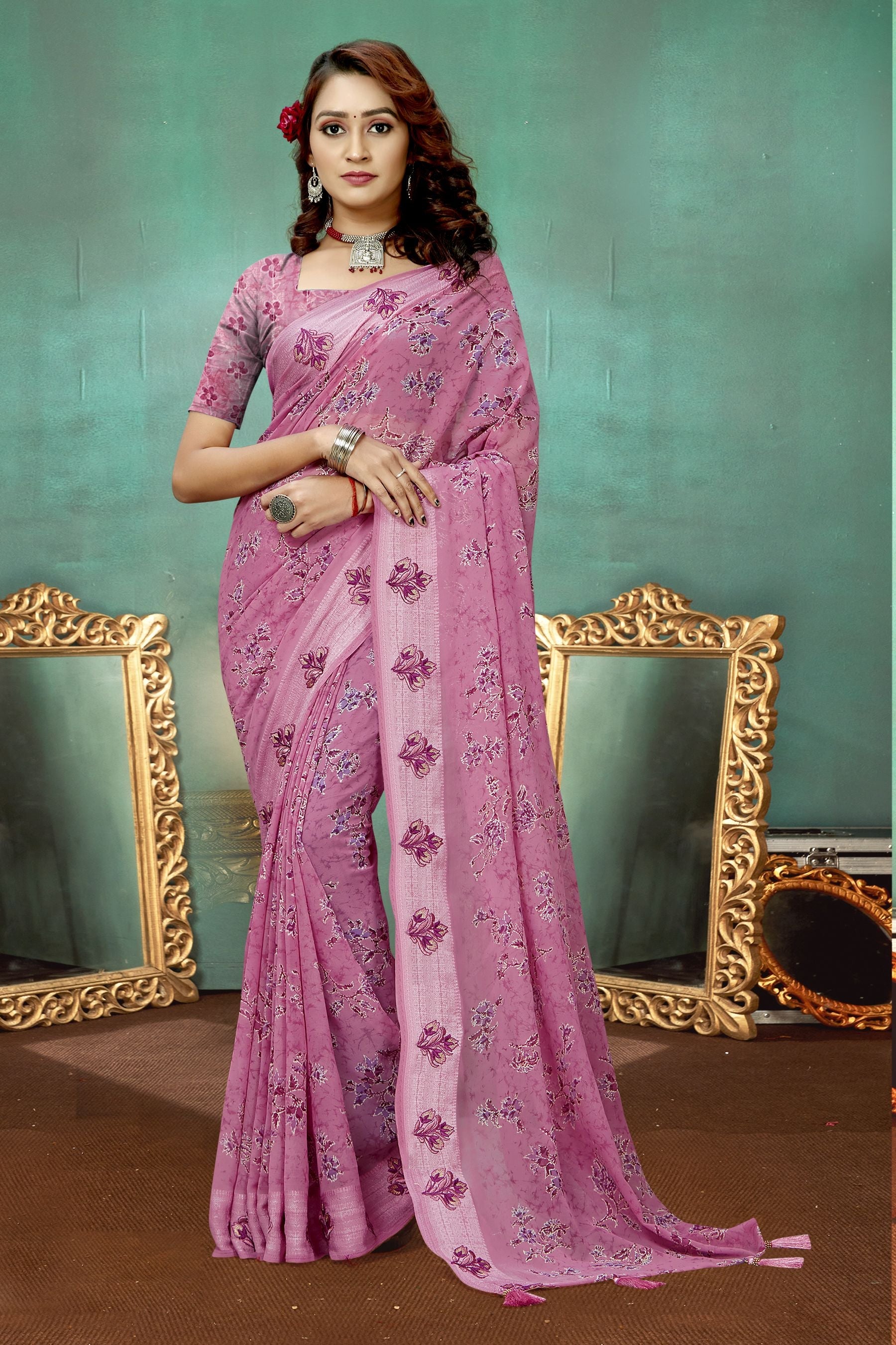 Elegant Pink Georgette Soft Silk Saree: Perfect for Parties & Weddings