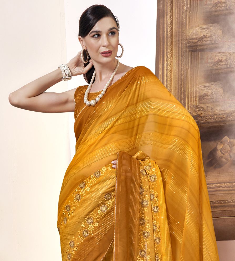 Elegant Yellow Georgette & Soft Silk Saree for Party & Wedding Wear