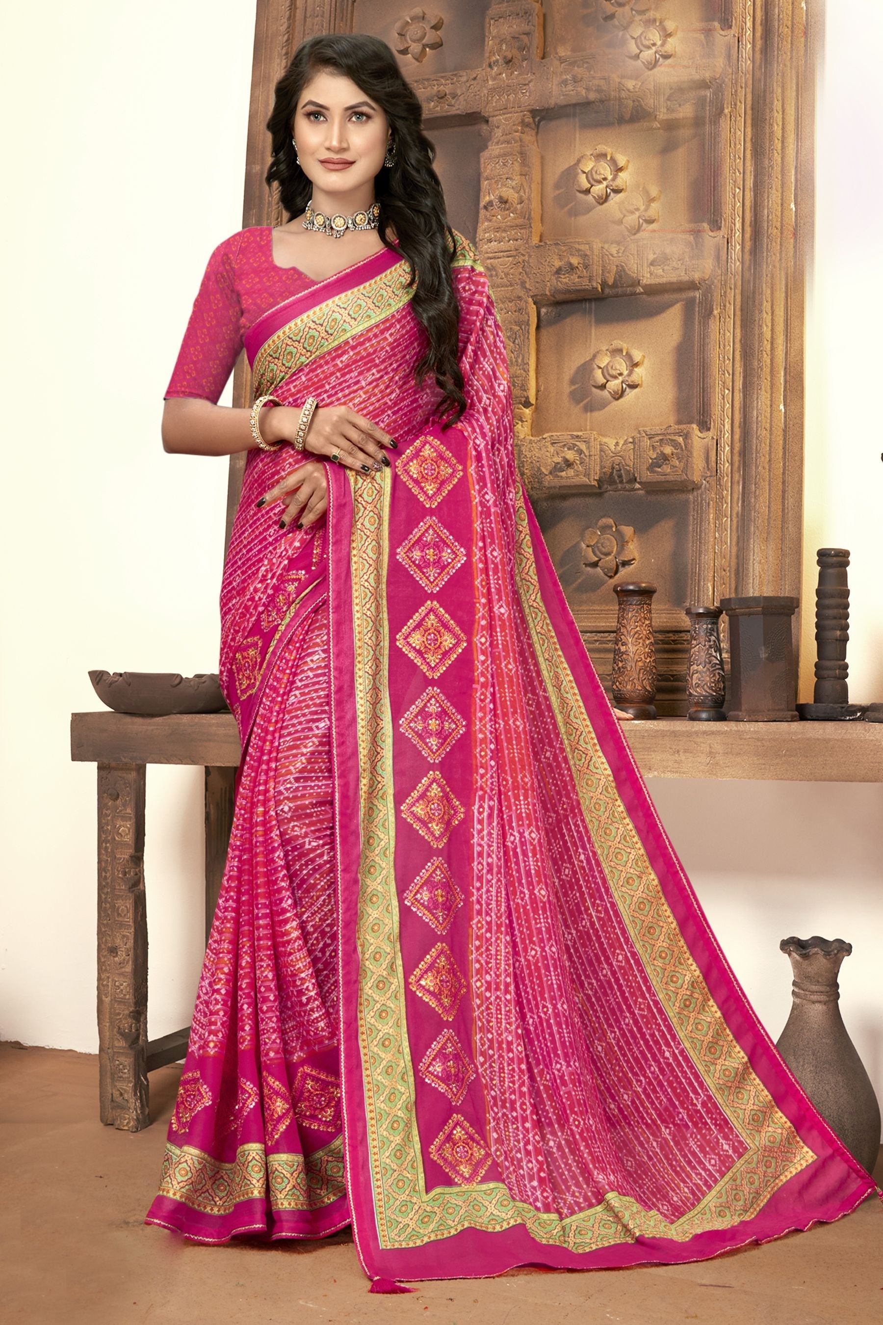 Elegant Pink Moss Georgette & Soft Silk Saree: Perfect for Party & Wedding Wear
