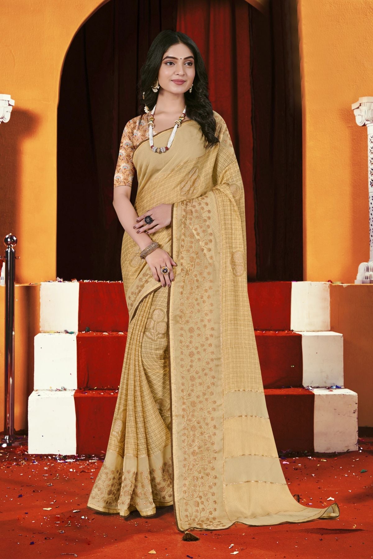 Elegant Golden Brasso Soft Silk Saree: Perfect for Parties and Weddings