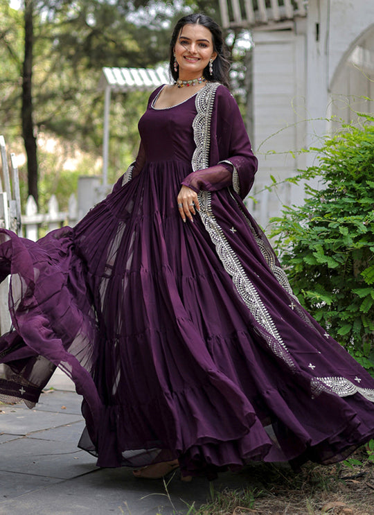 Elegant Wine-Colored Georgette Gown for Weddings and Parties