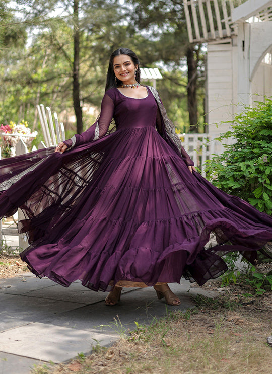 Elegant Wine-Colored Georgette Gown for Weddings and Parties