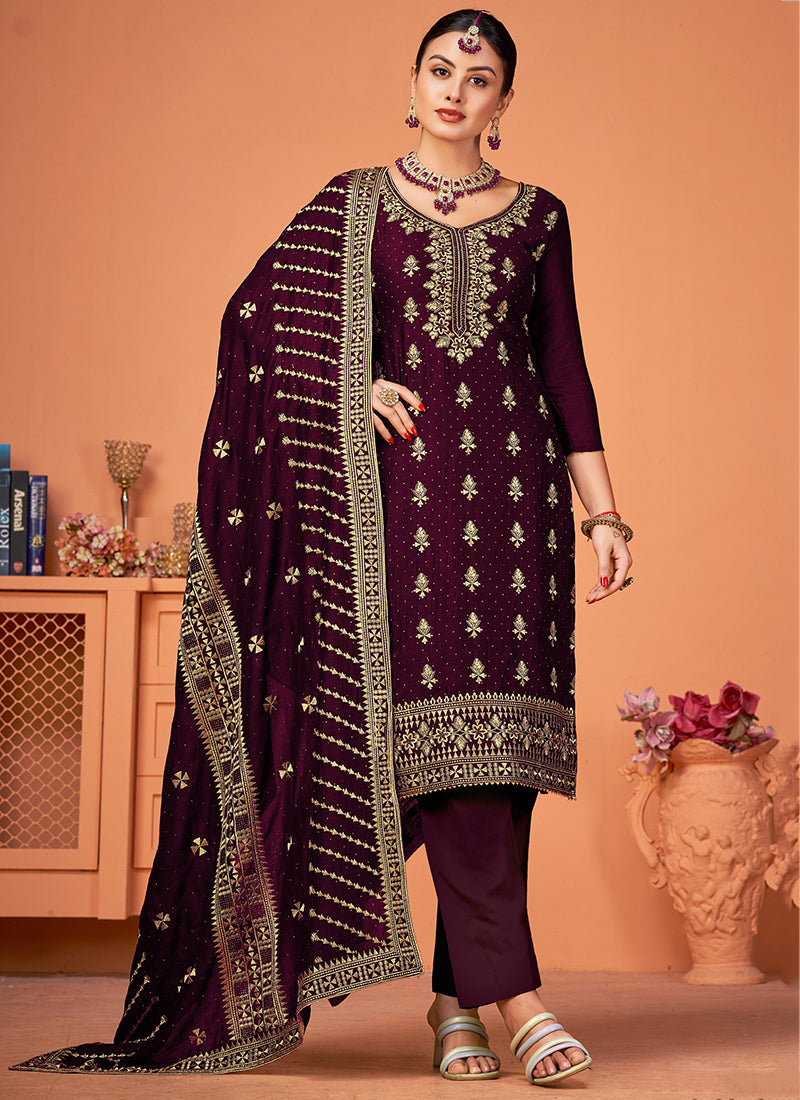 Elegant Wine Salwar Suit with Stunning Embroidery for Weddings & Parties