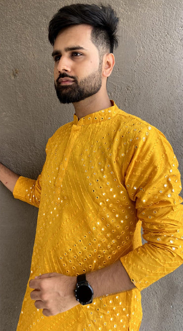 Yellow Banglori Silk Men's Kurta for Stylish Parties and Weddings