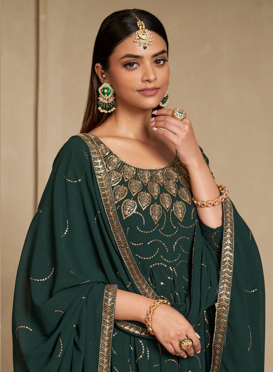 Elegant Green Gown with Zari & Sequins Embroidery for Wedding and Party Glamour
