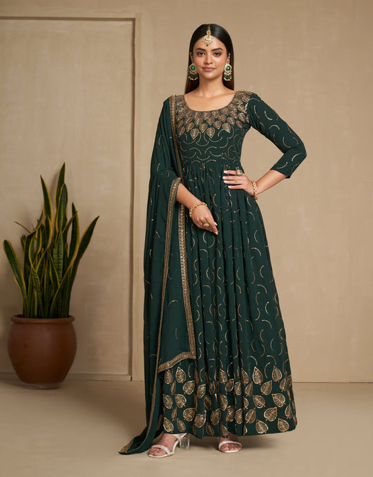 Elegant Green Gown with Zari & Sequins Embroidery for Wedding and Party Glamour