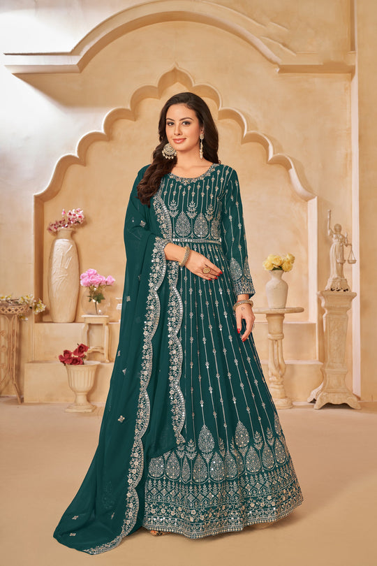 Elegant Green Faux Georgette Gown for Weddings and Parties