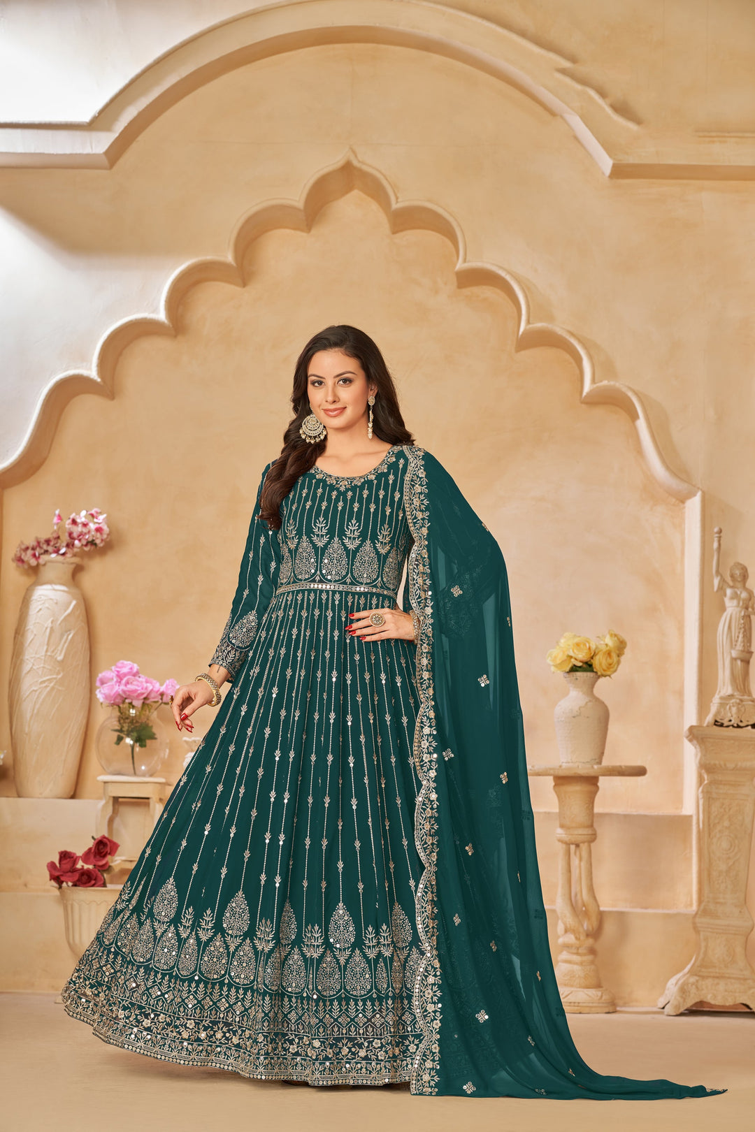 Elegant Green Faux Georgette Gown for Weddings and Parties