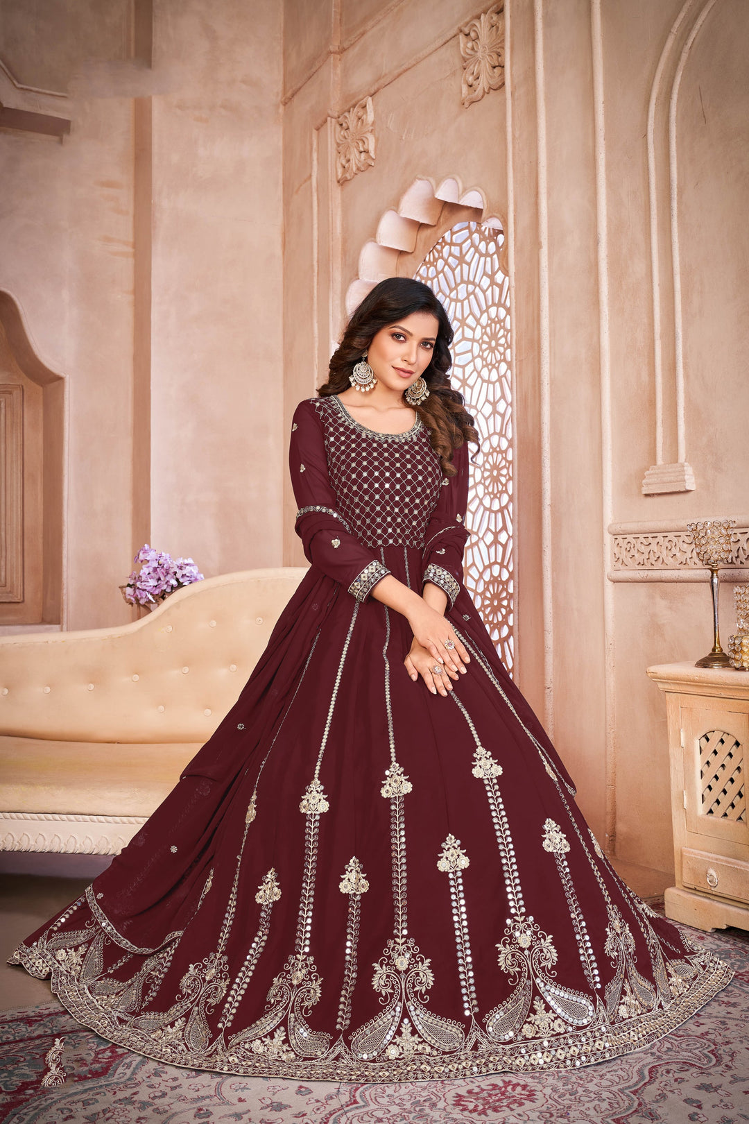 Elegant Red Faux Georgette Gown: Perfect for Weddings and Parties