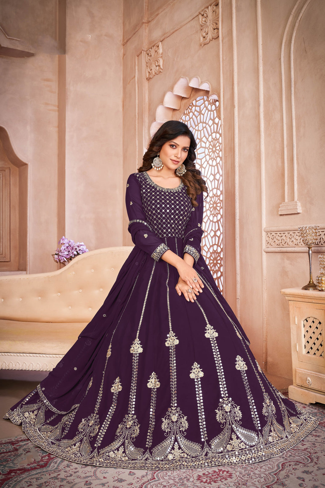Elegant Purple Faux Georgette Gown for Weddings and Parties