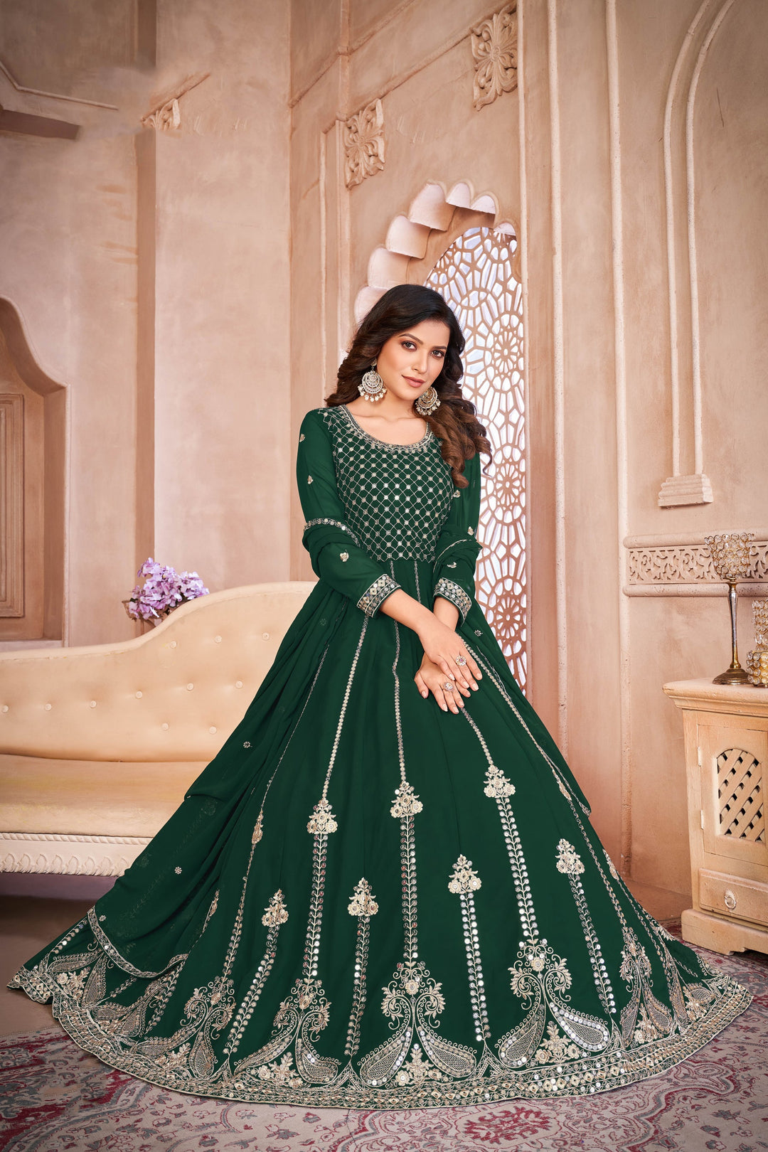 Elegant Green Faux Georgette Gown: Perfect for Weddings and Parties!