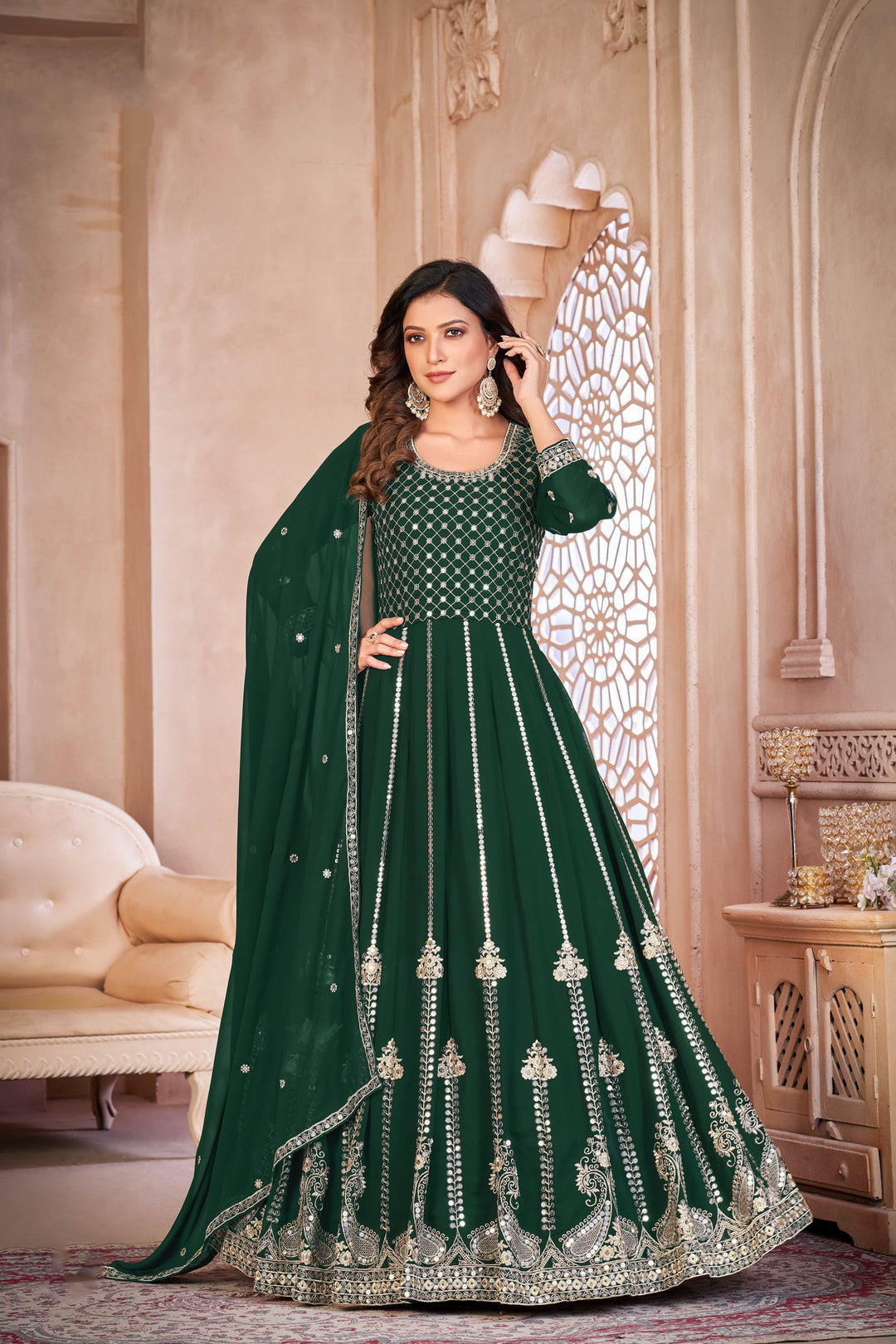 Elegant Green Faux Georgette Gown: Perfect for Weddings and Parties!